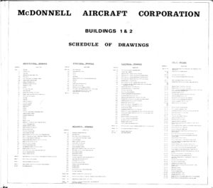 A black-and-white document titled McDonnell Aircraft Corporation Buildings 1 & 2 Schedule of Drawings with organized lists of architectural, structural, mechanical, electrical drawings, and field orders.