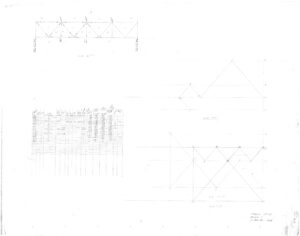 Faint engineering drawing showing truss diagrams, a table of values, and geometric sketches on a white background; lines, nodes, and columns are visible but details are difficult to read.