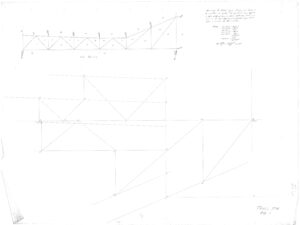 Hand-drawn engineering diagram showing two truss structures with labeled angles and dimensions. Includes geometric constructions and handwritten notes in the upper right corner, all sketched in pencil on white paper.