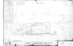 Black-and-white architectural blueprint of the Curtiss Aeroplane Division factory and office building at St. Louis Municipal Airport, showing detailed layouts, measurements, labels, and a materials list.