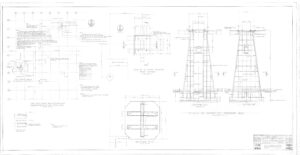 Engineering blueprint showing detailed structural drawings, dimensions, notes, and sections for reinforced concrete tower foundations. Includes top, side, and cross-sectional views with technical annotations and construction specifications.