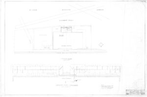 Architectural site plan drawing labeled St. Louis Municipal Airport, showing building layouts, labeled roads, property lines, and two detailed elevations of an office building and hangar building below the main site map.
