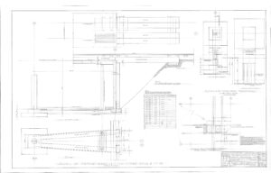 Black and white technical drawing showing detailed architectural plans and elevations for a bridge pier, seat, and column, with annotations, dimensions, section views, and a materials table. Title block in lower right corner.