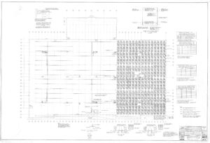 Architectural floor plan drawing showing a large warehouse layout with storage racks, labeled sections, aisle markings, structural details, and numerous technical notes and tables along the right and bottom edges.