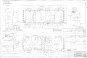 Faint, detailed architectural blueprint featuring floor plans, measurements, and construction notes for a multi-room building; includes various views, symbols, labels, and a title block in the lower right corner.