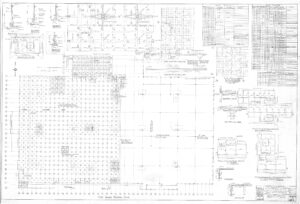 Black and white structural engineering blueprint showing detailed floor framing plans, notes, dimensions, schedules, and various diagrams for beams, footings, columns, and slab layout for a building project.