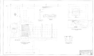 Architectural blueprint showing detailed plans for a theater, including stage layout, seating arrangement, stair sections, elevation views, a ramp, and construction measurements. Title block with project information is in the lower right corner.