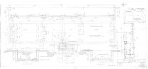 Blueprint drawing of a building foundation plan with detailed measurements, section views, notes, and construction details. Labels and dimensions are marked throughout, with a title block in the lower right corner.