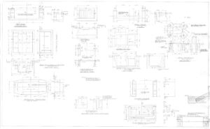 Architectural blueprint showing multiple technical drawings and dimensions for various building components, including rectangular and hexagonal layouts, section views, and construction notes, all in detailed black linework on a white background.