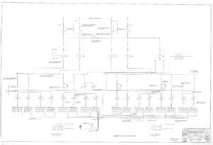 Black and white electrical schematic diagram showing transformer banks, circuit breakers, electrical connections, and labeled components for a switchgear substation layout, with technical notes and a title block in the lower right corner.