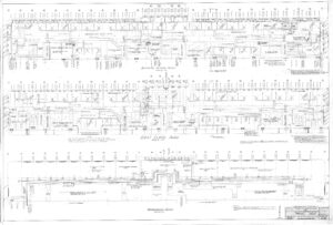 Architectural blueprint showing detailed floor plans labeled “Second Floor Plan,” “First Floor Plan,” and “Basement Plan,” with numerous rooms, measurements, labels, and structural details in black and white.