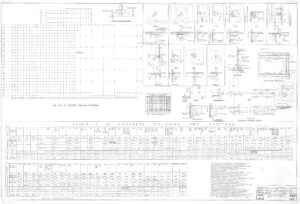 Engineering drawing showing a grid layout, detailed diagrams of concrete columns and footings, and a large table listing column and footing specifications and dimensions, with various construction notes and references.