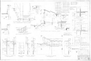 Architectural blueprint showing detailed construction sections, elevations, and technical drawings of building components, including walls, windows, stairs, and structural elements, with measurements, labels, and notes.