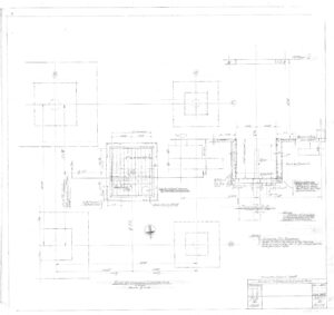 Faint blueprint drawing of a foundation plan with labeled dimensions, gridlines, structural columns, and notes for a building. The title block in the lower right corner contains project and drawing information.