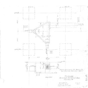 Faint technical drawing showing a structural detail with labeled dimensions, a triangular support feature, grid lines, notations, and section and elevation views of a proposed electrical substation dated 1989.