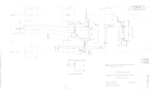 Faded technical drawing showing a proposed electrical upper/roof duct at Monsanto. Includes duct layouts, measurements, and section views, with handwritten notes and labels throughout the blueprint.