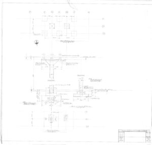 Faint technical drawing showing structural foundation details, including plan and section views with labeled measurements, gridlines, and notes. Title block in the lower right corner contains project and drawing information.