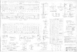 Detailed architectural blueprint showing structural plans, sections, elevations, construction notes, reinforcement details, columns, grids, and schedules for a building foundation. Includes tables, labels, and measurement annotations.