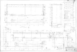 Architectural blueprint featuring detailed technical drawings of a building, including elevation views, cross-sections, structural dimensions, and annotations in Russian, showing precise measurements and construction details.