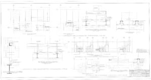 Architectural blueprint showing detailed technical drawings of structural supports, columns, and connections for a building, including elevation views, cross-sections, and construction notes. Title block and scale are in the lower right corner.