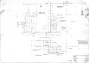 Faded architectural blueprint showing floor plans with detailed measurements, annotations, and labels for rooms and structures; includes a title block and handwritten notes throughout the layout.