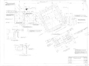 Architectural blueprint showing detailed floor plans, section views, and measurements for a building foundation, including notes, labels, dimensions, and a title block in the lower right corner.