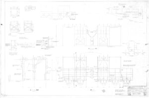 Technical engineering drawing of a structural framework with multiple front, side, and sectional views, detailed measurements, and construction notes for a conveyor system or industrial structure.