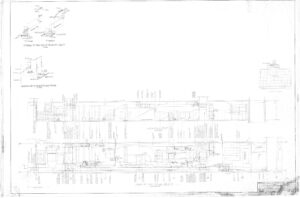 Faded architectural blueprint showing detailed floor plans and technical diagrams, including various measurements, annotations, and mechanical component drawings. The sheet features top and side views and several technical notes.