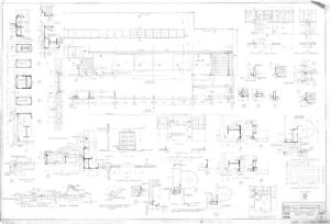 Black and white architectural blueprint showing detailed floor plans, sections, and construction details for a building, including labeled diagrams, measurements, notes, and technical annotations throughout the sheet.