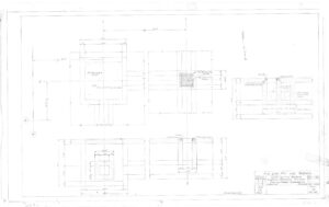 A technical engineering drawing showing top and side views of an axis line pit and trench with precise measurements and construction details, including labels and a title block in the lower right corner.
