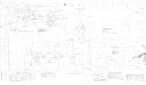 Faint, detailed architectural blueprint with numerous technical symbols, labels, measurements, and annotations, showing the layout and construction details of a building floor plan.
