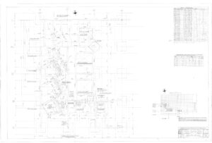 Faint, detailed architectural blueprint showing building structural layout with multiple grid lines, labeled columns, notes, and three tables with data in the upper right, center right, and lower right corners.