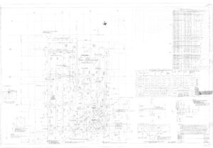 Faint architectural blueprint showing a detailed floor plan with structural grids, measurements, notes, symbols, and multiple tables and diagrams outlining construction specifications and technical details.