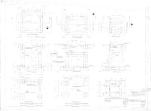 Technical architectural drawing showing multiple detailed elevations and sections of a structure with measurements, annotations, and construction notes. The sheet includes views from different angles and a title block in the lower right corner.