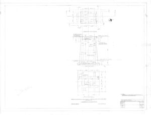 Faint architectural blueprint showing floor plans and measurements for a building, with technical notes, labels, and a title block in the lower right corner.