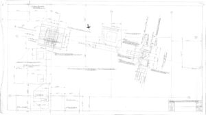 A black and white engineering blueprint showing detailed structural plans, measurements, and annotations for a construction project with various rectangular and square sections. Labels, arrows, and technical notes are visible throughout.