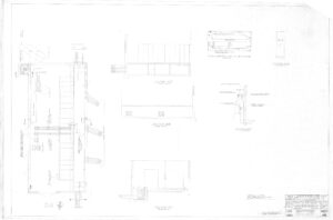 A technical engineering drawing showing detailed labeled sections, side views, and top views of a mechanical assembly, with measurements, notes, and a title block in the bottom right corner.