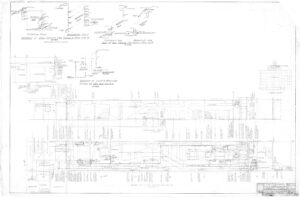Technical engineering blueprint showing detailed side and top views of a vessel or mechanical structure, with labeled components, measurement annotations, and various cross-sectional diagrams in black lines on a white background.