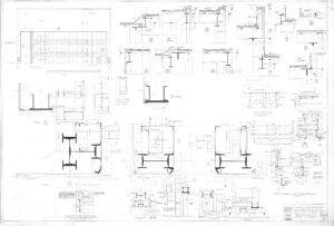 Architectural blueprint featuring multiple technical drawings, cross-sections, floor plans, and detailed construction notes for various structural elements and elevations of a building.