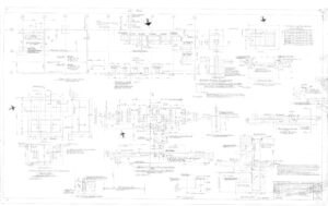 Detailed architectural blueprint featuring technical drawings, structural plans, measurements, notes, and construction symbols for a building project. Multiple sections and views are annotated throughout the document.