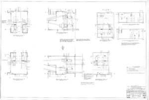 Architectural blueprint showing six detailed technical drawings of elevator shaft sections and plans, with dimensions, labels, symbols, and notes for construction reference. The title block is located in the lower right corner.
