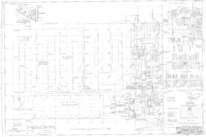 Faint, detailed technical engineering blueprint of a building layout with structural grids, annotations, measurements, equipment symbols, and extensive handwritten notes and labels across the plan.