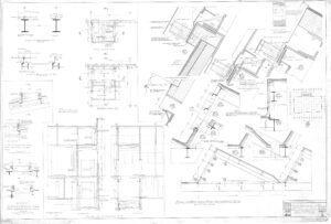 Architectural engineering drawing showing detailed structural sections, elevations, and construction notes for a building. Includes technical labels, measurements, material specifications, and component diagrams. Black and white linework.
