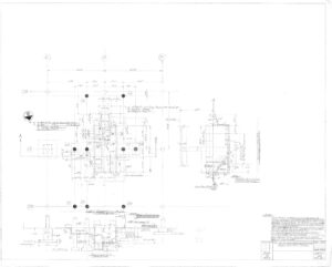Technical engineering drawing showing detailed mechanical part diagrams with measurements, annotations, and section views; includes labels, dimensions, and a title block in the lower right corner.