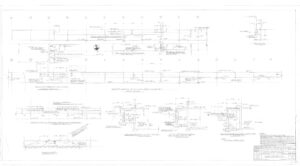 Faint technical drawing showing detailed structural beam plans with measurements, annotations, tables, and several sectional diagrams. The layout includes grids, labels, and a title block in the bottom right corner.