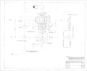 Architectural blueprint showing detailed measurements, annotations, and technical drawings of structural elements for a building foundation. Includes labeled sections, dimensional lines, and a title block in the lower right corner.
