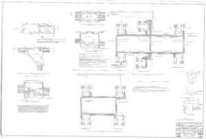 Engineering blueprint showing detailed technical drawings and cross-sections of a highway bridge, including plans for abutments, reinforcements, cables, and construction notes in black and white with labeled diagrams and measurements.