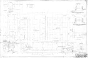 Faded architectural blueprint showing a detailed floor plan with structural, electrical, and plumbing annotations, as well as enlarged sectional diagrams and notes along the edges.