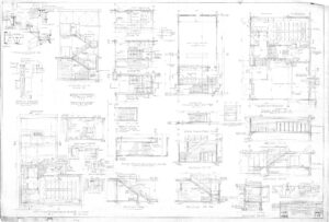 Architectural blueprint showing detailed stairway sections, elevations, and floor plans. Diagrams include measurements, notes, and construction details for multiple staircases and railings in a building project.