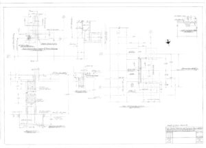 Technical engineering drawing with detailed measurements, labels, and annotations showing various sectional views and construction details of a concrete structure. Title block and scale information are visible at the bottom right.